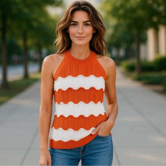 Tommy Hilfiger Orange and White Ruffled Ribbed sleeveless Top XL - Picture 1 of 7